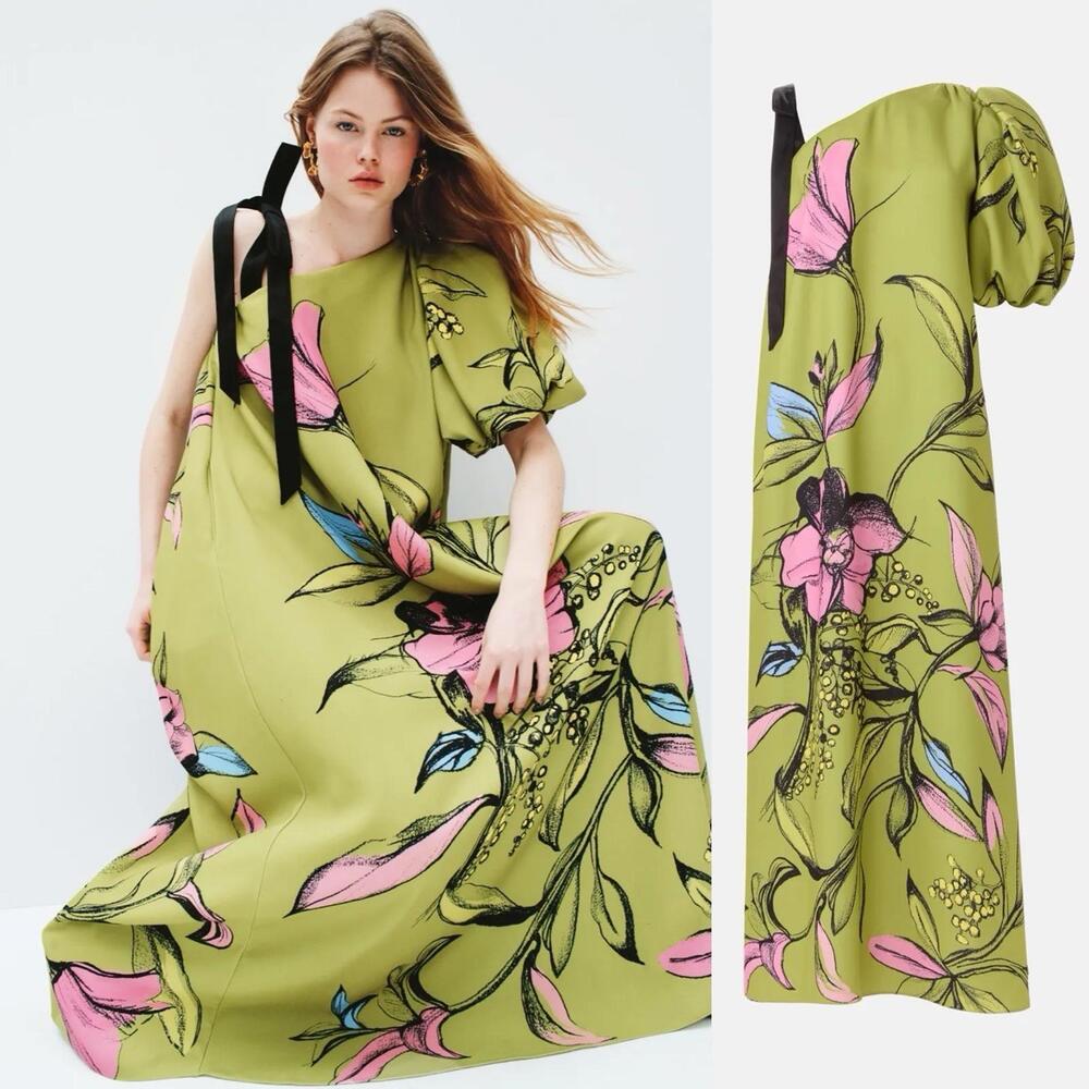 Stine Goya Floral Asymmetric Puff 1-Sleeve Dress w/ Bow Strap (sz: LG/ $690 Rtl)